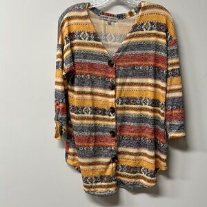 Absolutely Famous Aztec button up polyester rayon spandex blouse large. V neck